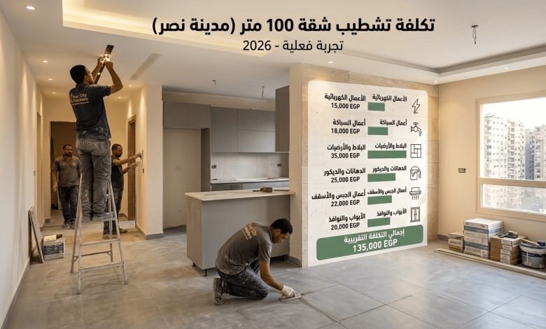 تكلفة تشطيب شقة 100 متر في مدينة نصر 2026 – تجربة فعلية من موقع شغل